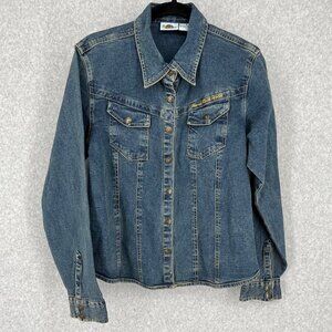 Hard Rock Womens VTG Denim Snap Shirt Size S Blue Orlando Embroidered Collared